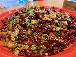 A colorful plate of stir-fried dish with red chilies, chopped green onions, and fried morsels on a red plate.